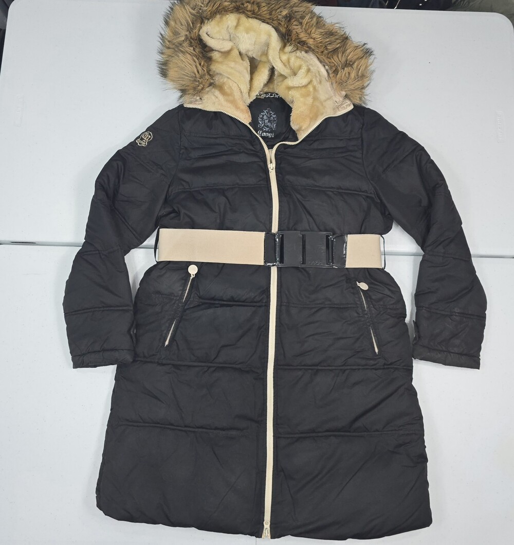 Coogi Women XL Black Puffer Jacket/Parka/Coat Hooded Belted Faux Fur